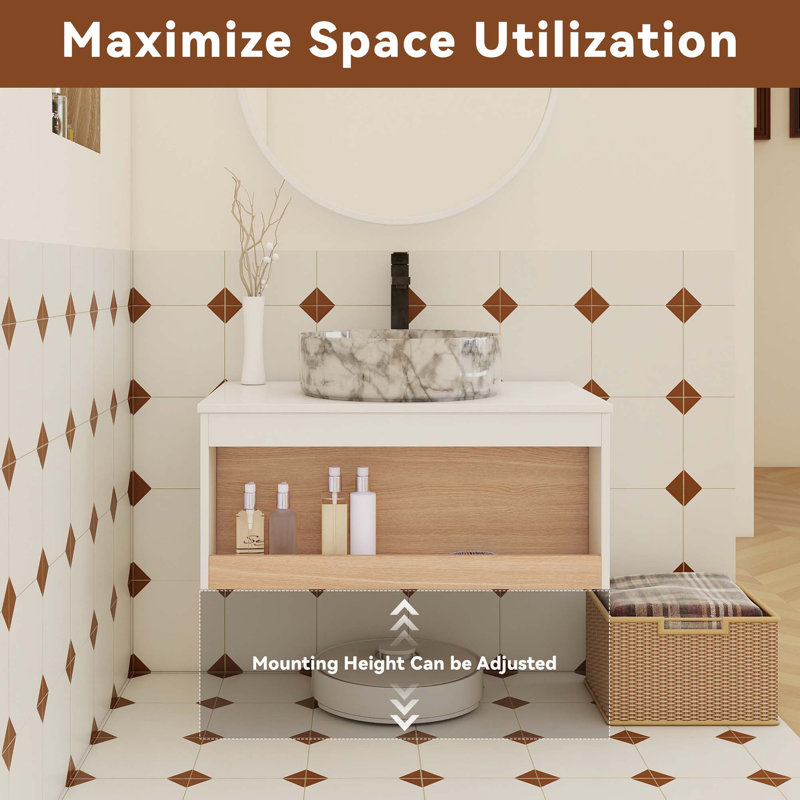 Meuble-lavabo flottant avec lavabo vasque en marbre veiné gris et rangement à tablette ouverte, 30"