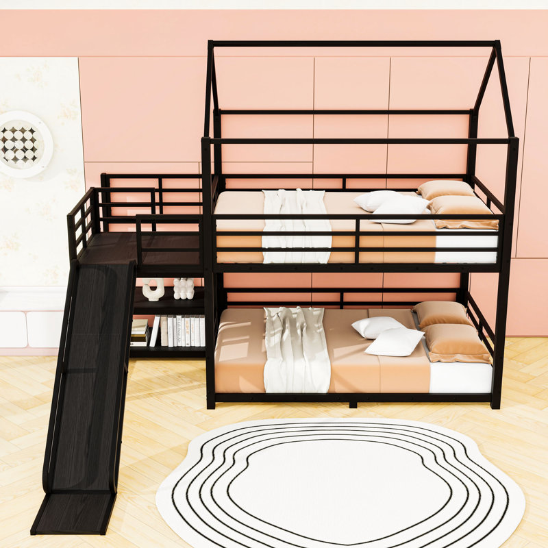 Metal House Bunk Bed With Slide And Storage Stairs, Full Over Full