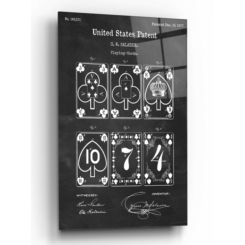 «Cartes à jouer Blueprint vernis tableau noir» par Acrylique verre, art mural, H 16 po x l 12 po x P 0,13 po