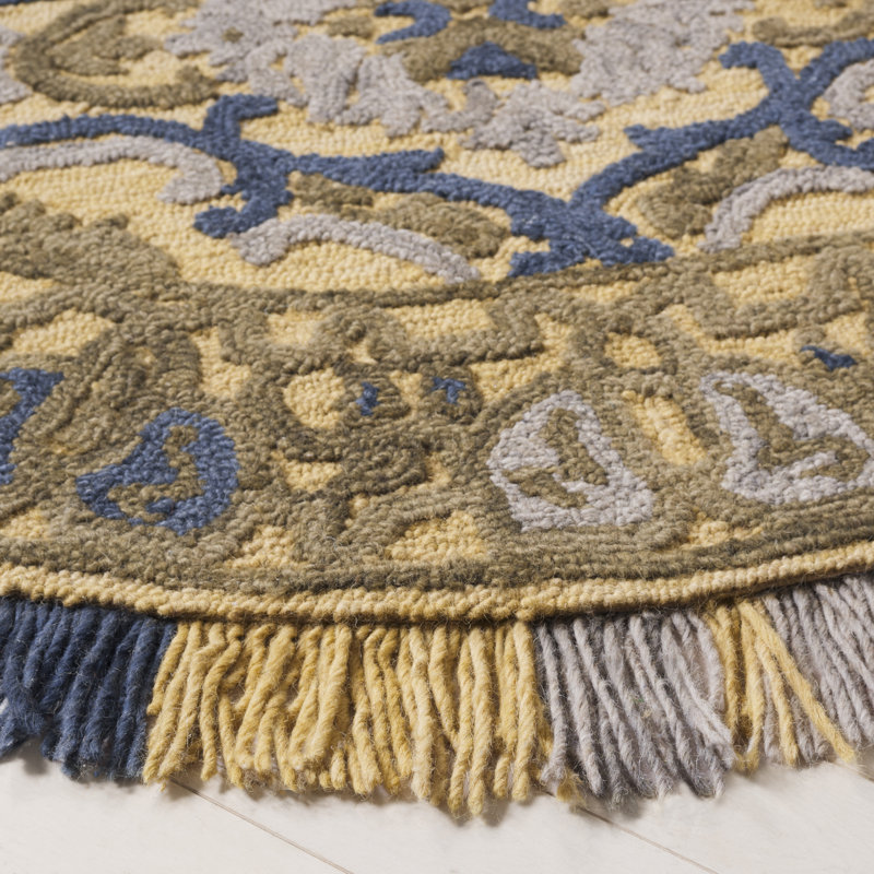 Blossom Tufted Wool/Cotton Performance Floral Rug in Blue/Gold, Round 6'