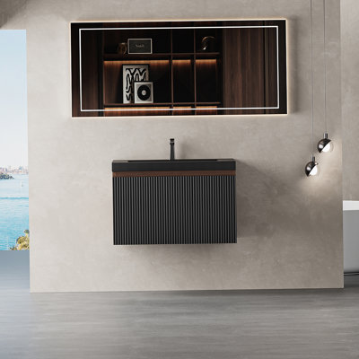 Meuble-lavabo flottant avec lavabo, meuble de rangement mural moderne avec tiroir à fermeture en douceur, idéal pour les salles de bain compactes et fonctionnelles.
