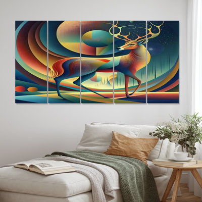 Gracieux cerf rétro géométrique II - animaux, impression sur toile - 5 panneaux égaux