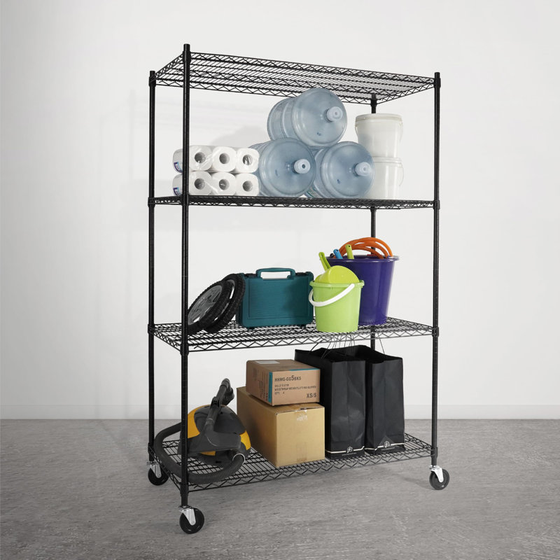 Heavy-Duty Height Adjustable Shelving Unit With Wheels, Leveling Feet, (4 Shelves) 72" H x 30" W x 14" D, Black