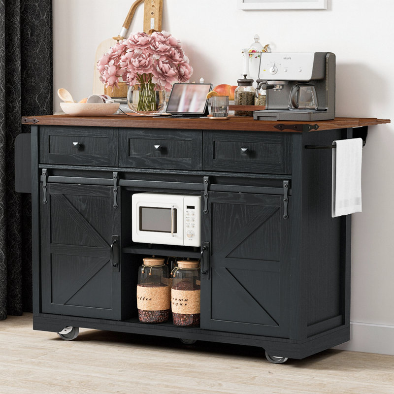 53.7" Farmhouse Kitchen Island with Power Outlet, Sliding Barn Doors, and Drop Leaf, Black