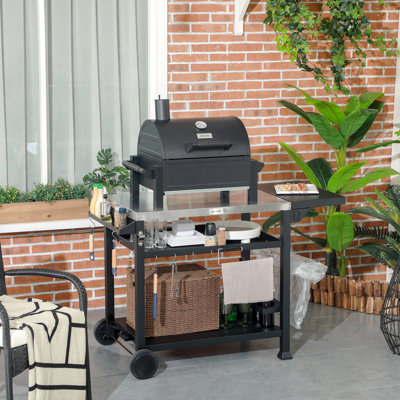 Chariot de gril extérieur avec table d'appoint pliable, four à pizza multifonctionnel en acier inoxydable de 46 po x 21,75 po avec trois tablettes, table de préparation des aliments mobile sur roulettes