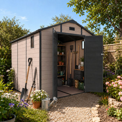 8x10 FT Plastic Outdoor Storage Shed - Lockable Resin Tool Shed with Window & Floor, Champagne