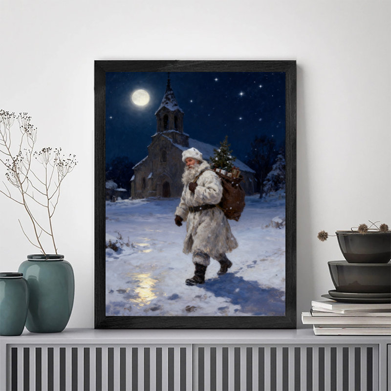 Art encadré noir, le père Noël marche seul dans la neige avec son sac à dos sur le dos, impressions sur toile de style rétro