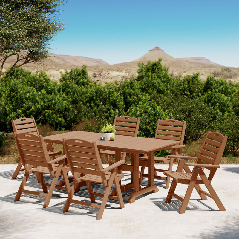 Laguna Rectangular Table Folding Highback Chair Dining Set, Teak, 7 Pcs: Table, 6 Chairs