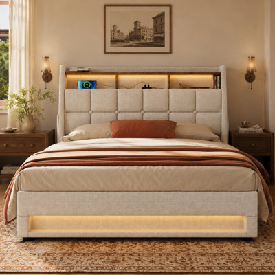 Upholstered Platform Bed with Hydraulic Storage, LED Light Headboard, Charging Station, Bed Frame, No Box Spring Needed