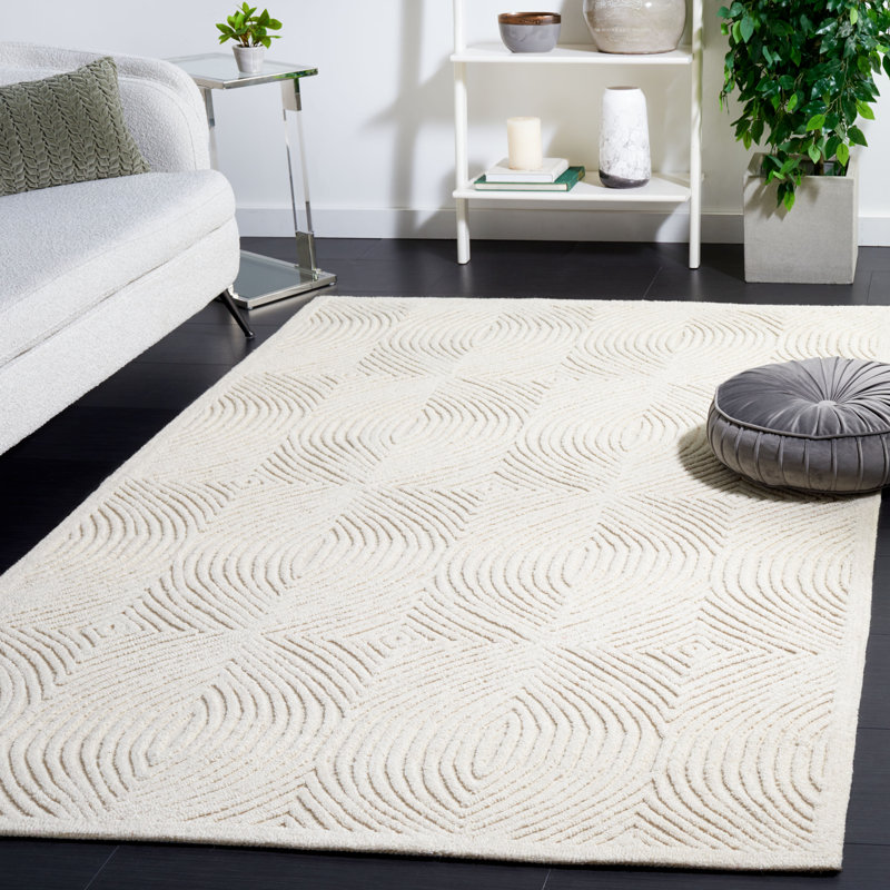 Katosha Textural Hand Tufted Wool/Cotton Geometric Rug in Ivory, Rectangle 5' x 8'