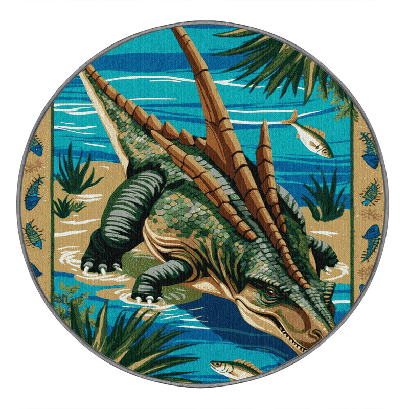 Tapis brun dinosaures lavable à la machine, Rond 3 pi