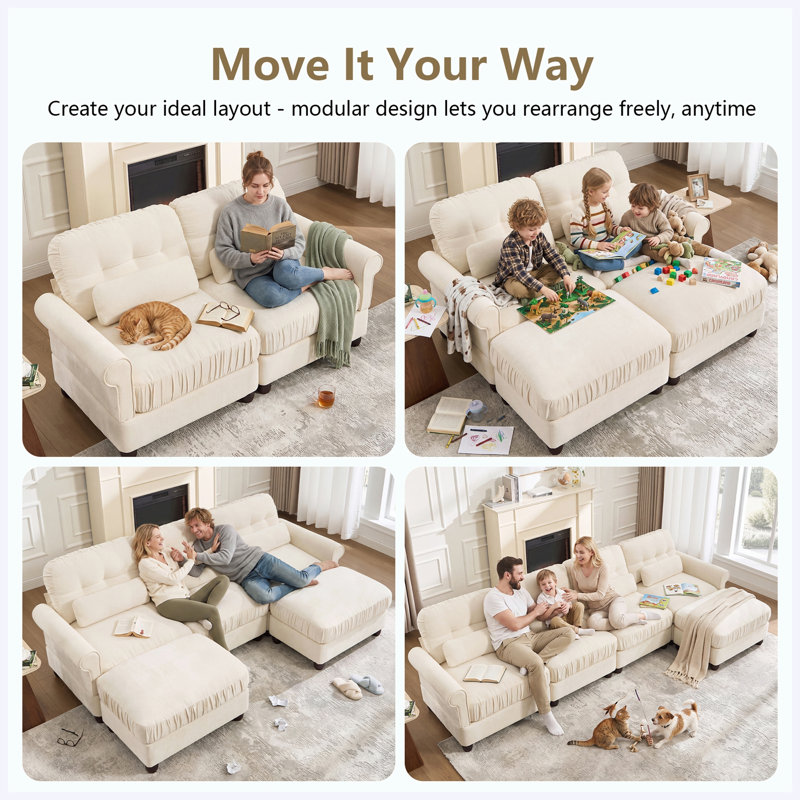 Canapé d'angle modulaire 3 places en chenille beige, en forme de U, avec deux poufs et bordure à volants., 98" W