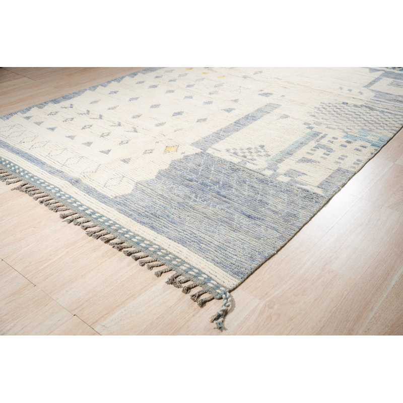 Tapis ivoire en laine noué à la main à motif abstrait tribal moderne à motifs villageois, 12 pi x 15 pi