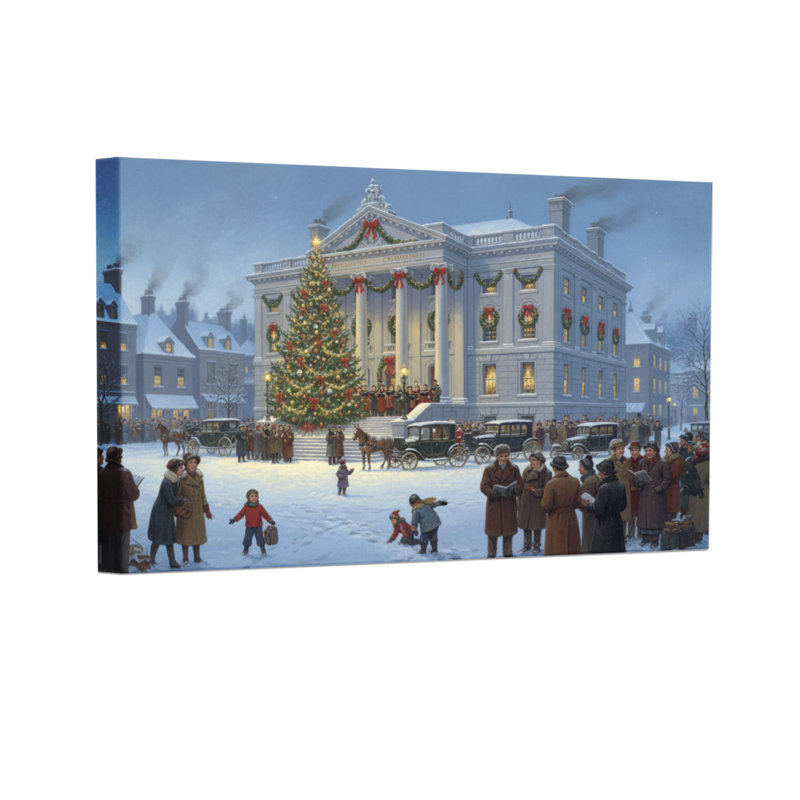 Scène de Noël de Noël avec des gens et un arbre, ensemble de 3 impressions d'art sur toile, H 20 po x l 30 po