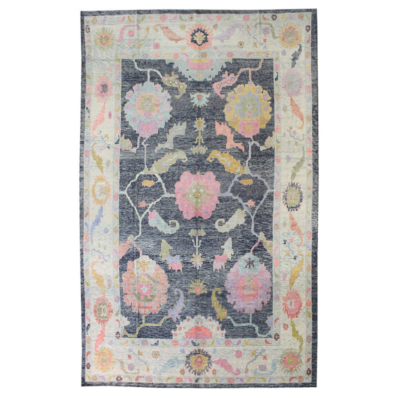 Tapis noir / rose / beige unique de 12 pi x 18 pi