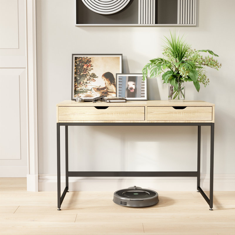 Alaina 43.31" W 2-Drawer Writing Desk with Stainless Steel Frame, Oak/Black