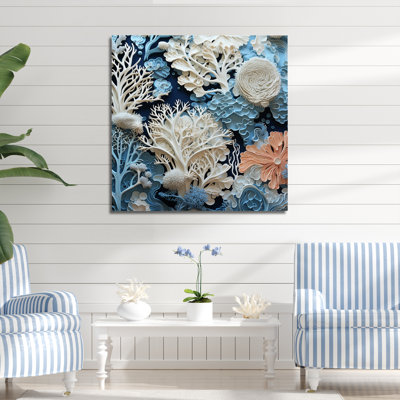 Under Water Blue And White Corals Collage I - Coastal Framed Canvas Print