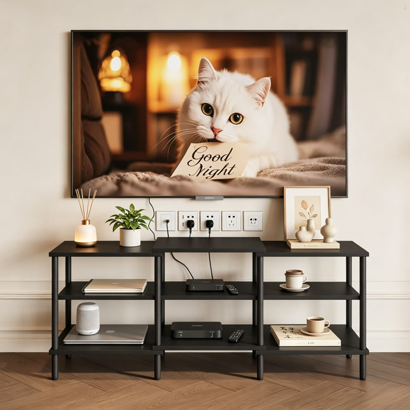 Meuble télé industriel pour salon, meuble télé avec tablettes ouvertes, meuble télé 55 pouces, console média avec structure en acier, brun rustique et noir