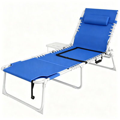 Face Down Tanning Chair with Face Hole & Arm Slots, 5-Position Folding Pool Lounge Chair with Side Table & Cup Holders, 264 lbs Cap, Navy Blue