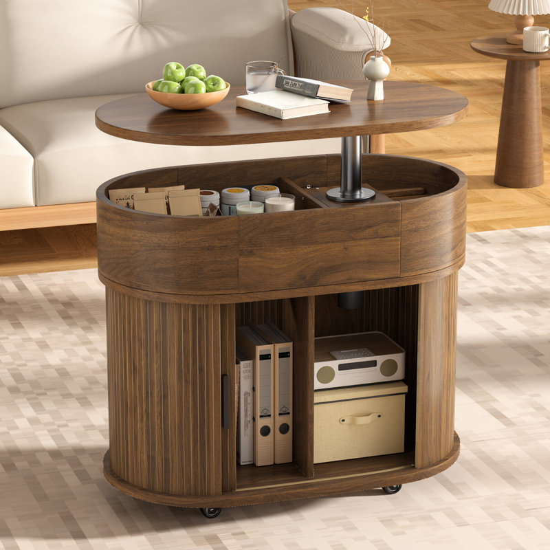 Table basse ovale relevable de 71 cm de large avec rangement et roulettes, Walnut