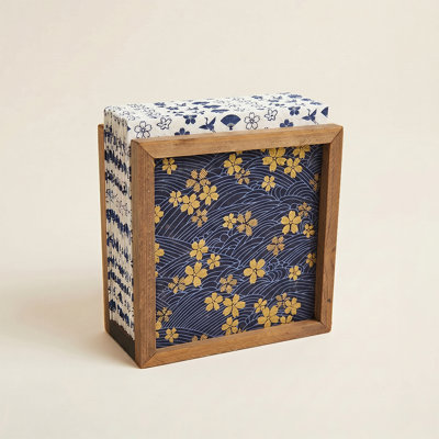 Japandi Solid Wood Napkin Holder with Navy & Gold Floral Fabric Panels for Kitchen & Dining Table
