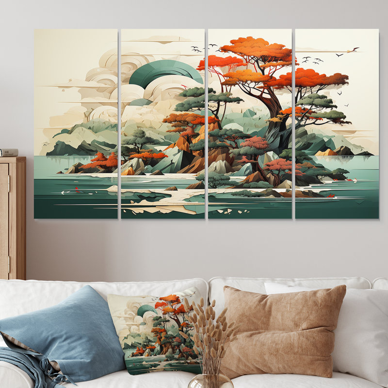 «Vintage Japanese Lake Scenery I - Abstract Landscape», art mural 4 pièces, H 32 po x l 64 po