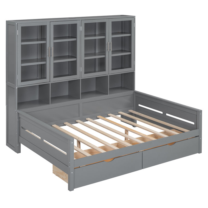 Tête de lit double, cadre de lit plateforme en bois, silencieux, aucun sommier nécessaire et outil d'assemblage facile, grand rangement sous le lit, blanc