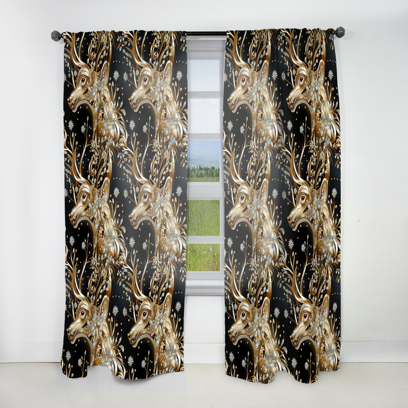 Motif de cerf animal noir doré - Rideau de marbre abstrait - Velours obscurcissant - 1 panneau, L 52 po x L 120 po