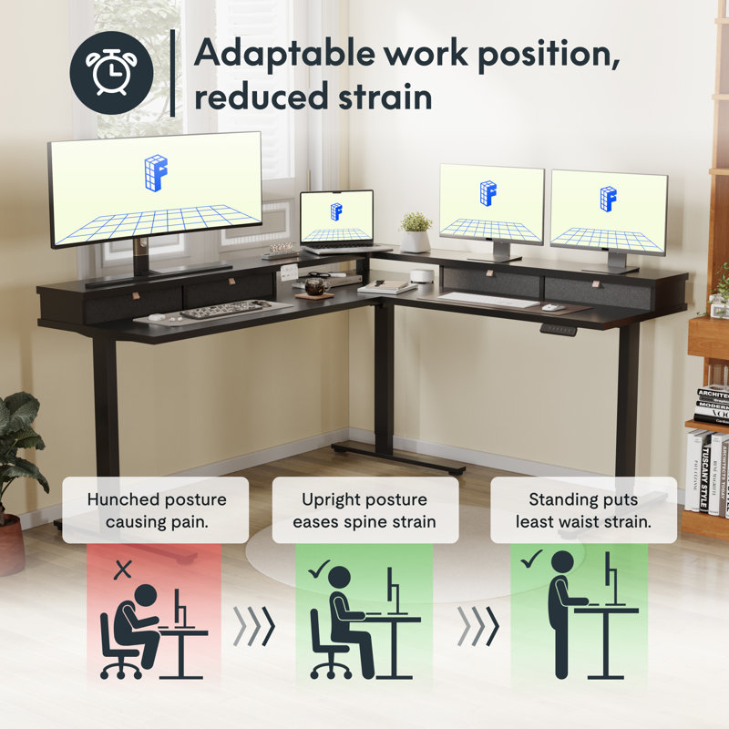 L Shaped Standing Desk With Drawers, Shelf, Adjustable Gaming Table For Home, Office, Gamer, Black/Black