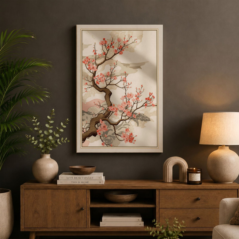 Cherry Blossom Branch Japandi - Wrapped Canvas, 18x12 - 45.7 x 30.5 cm, White Border