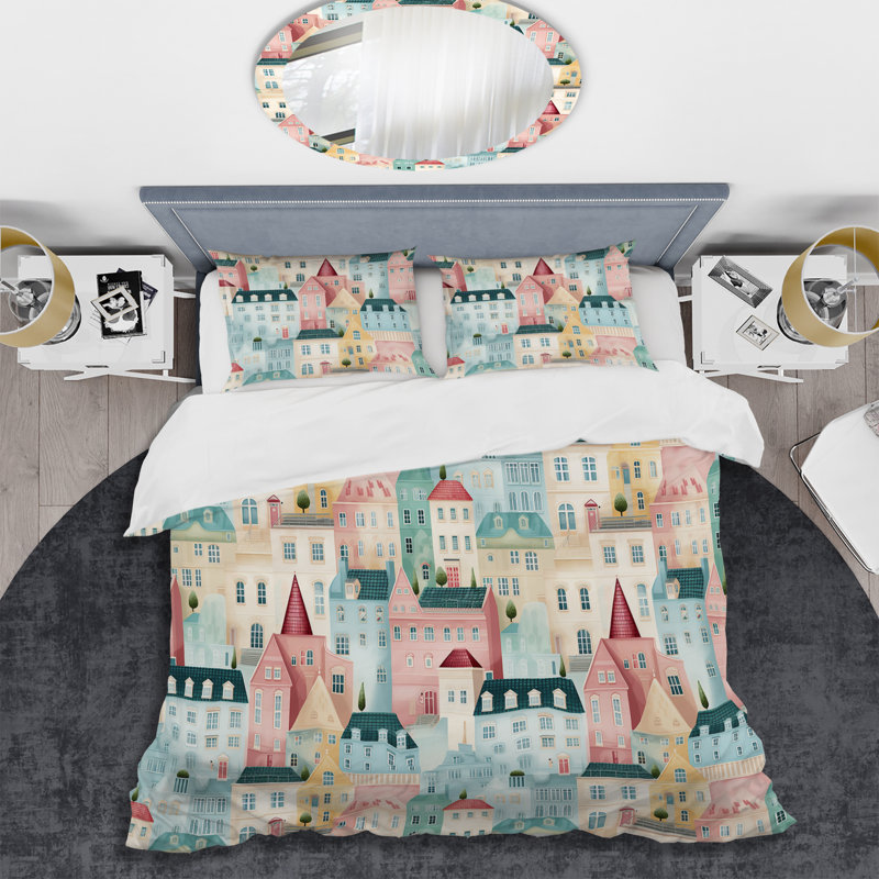 Ensemble de housse de couette doux couleur pastel Nordic Town Collage I, Housse de couette pour très grand lit et 2 très
