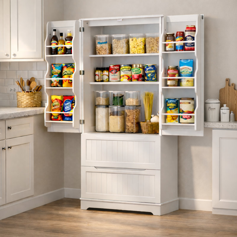 Garde-manger avec portes d'armoire de style réfrigérateur, 2 grands tiroirs et poignées encastrées pour la cuisine ou le salon