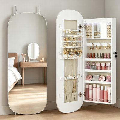 Armoire à bijoux avec miroir pleine longueur, lumières DEL, armoire de rangement murale verrouillable à fixer au mur ou au-dessus de la porte, miroir blanc courbé