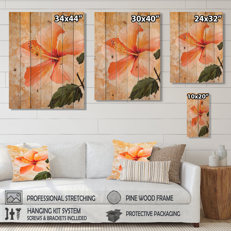 Fleur d'hibiscus au coucher du soleil I - Décoration murale traditionnelle en bois sur bois de pin naturel, H 20 po x l 10 po