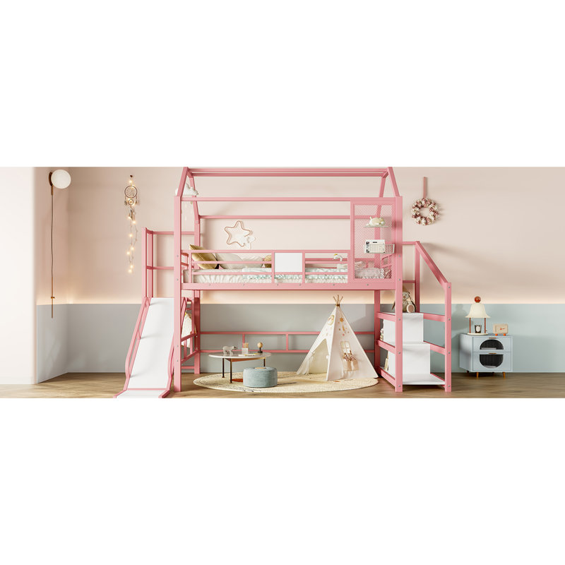 Lit double mezzanine rose avec glissade, structure, bruit et tablettes de rangement pour les escaliers en métal améliorant la chambre à coucher