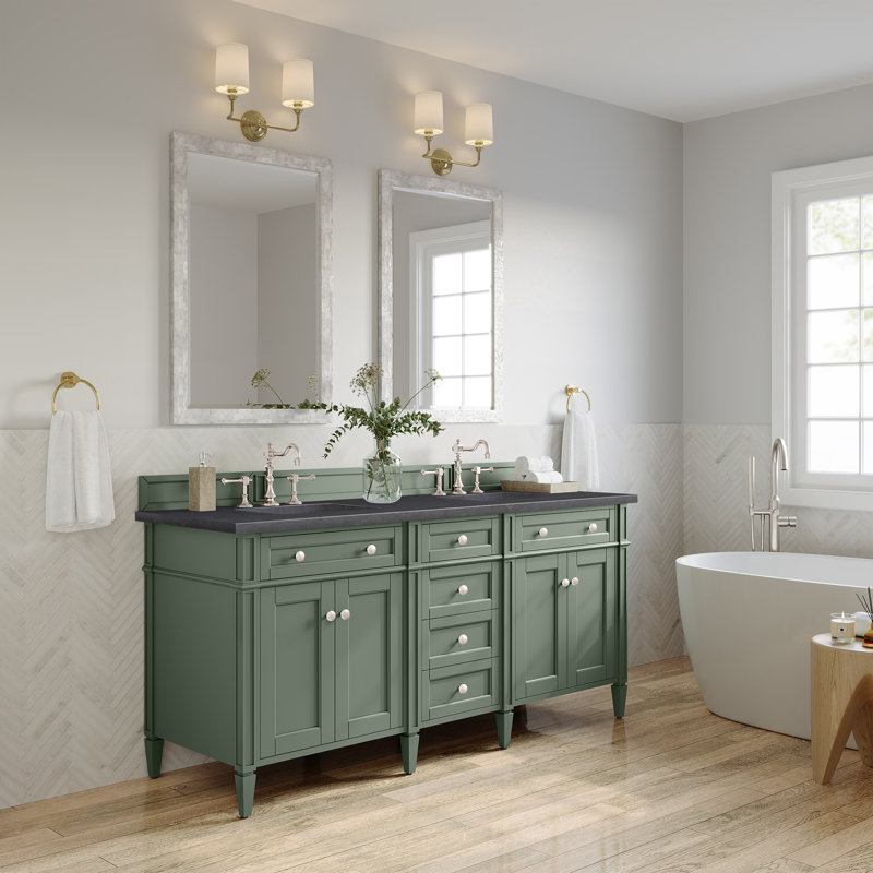 Meuble-lavabo double l 72 po Dussault, Pierre de savon anthracite, Céladon fumé, 8 po