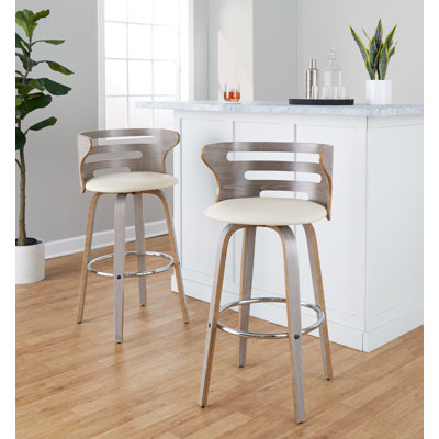 Tabouret de bar de style moderne Mid-Century à hauteur fixe de 30 po avec pivot en bois gris clair et similicuir crème Cosini