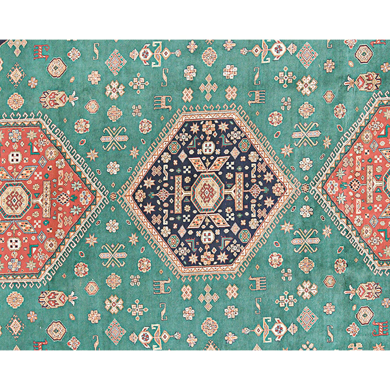 Hand Knotted Wool Area Rug in Green And Cream