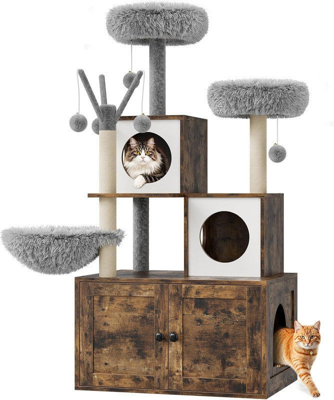 Arbre à chat avec bac à litière caché, tour à chat moderne 2-en-1 avec poteaux à griffer et perchoir, peu encombrant, Gris