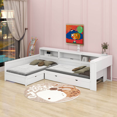 Wood Twin Size L-Shaped Platform Bed With Trundle And A Drawer