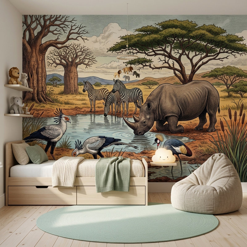 Adhésif mural Rhinocéros africain, 120 po x 96 po, Peler et coller