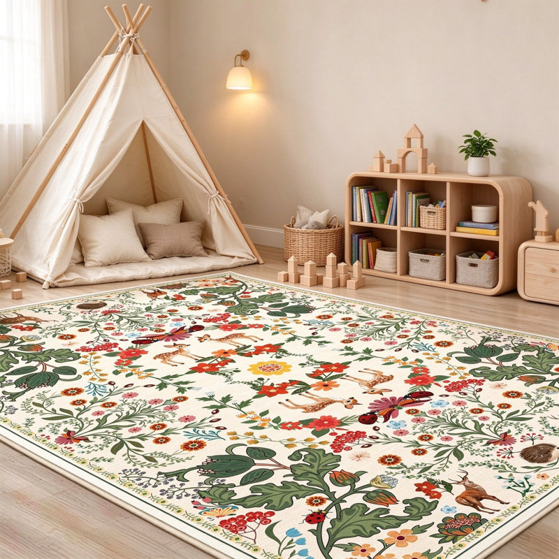 80 x 150cm Vintage Beige Deer Animal Rug, Washable Ultra Soft Upgraded TPR Non-Slip Low-Pile Non-Shedding Area Rug, Pet Friendly Carpet for Lounge, Bedroom, Nursery & Kids Playroom