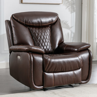 Saneela 40" Wide Modern Breathable Leather Power Recliner with Durable Diamond Stitching & USB