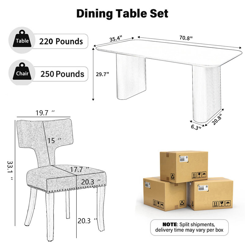 Ensemble de salle à manger rectangulaire en bois avec chaise rembourrée, Beige, 7