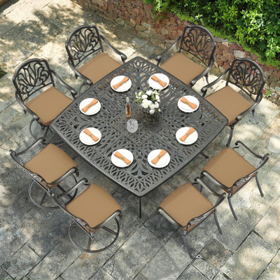 Canora Grey 9-piece Outdoor Furniture Dining Set, Cast Aluminum Patio Table And Chairs Set With 4 Stationary Chairs, 4 Swivel Rocker Chairs, 63.98" Large Square Dining Table, Umbrella Hole