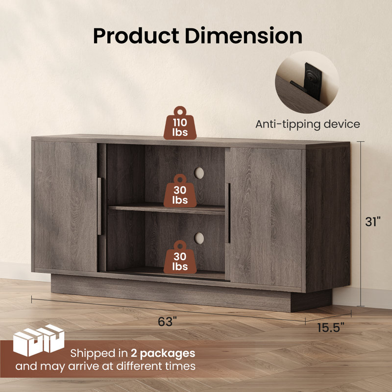 63'' Sideboard Buffet Cabinet With 4 Sliding Doors, Wood Credenza Storage Cabinet With Magn, Dark Brown