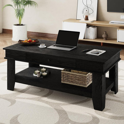 Coffee Table with Drawer and Storage Shelf, 47.2" Rectangular Center Table, Wood Grain Finish, Modern Living Room Furniture by Gracie Oaks