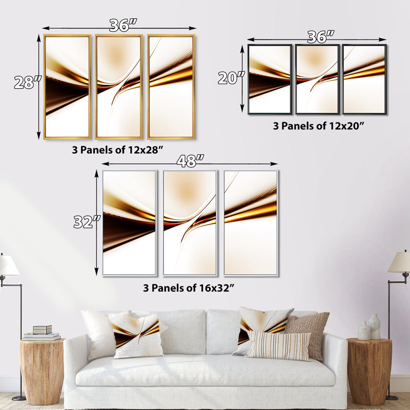 Dynamic Golden Waves - 3 pièces, cadre flottant, impression sur toile, Brun, H 20 po x l 36 po