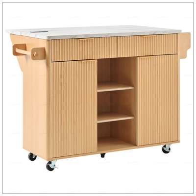 Fluted Kitchen Island With Drop Leaf, Power Outlet, Adjustable Shelves, And Rolling Wheels For Modern And Classic Kitchens