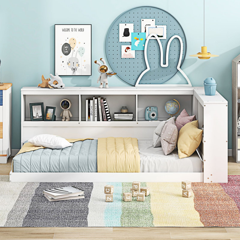 Lit de jour en bois avec armoires de rangement et ports USB, Blanc